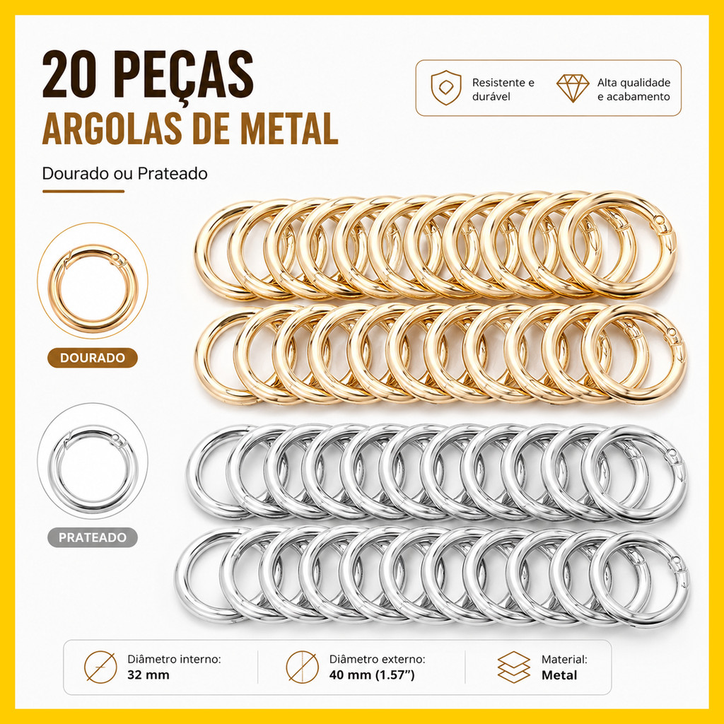 Argola Redonda Articulada 40mm em Metal para DIY, Bolsa, Colar, Pulseira e Chaveiro