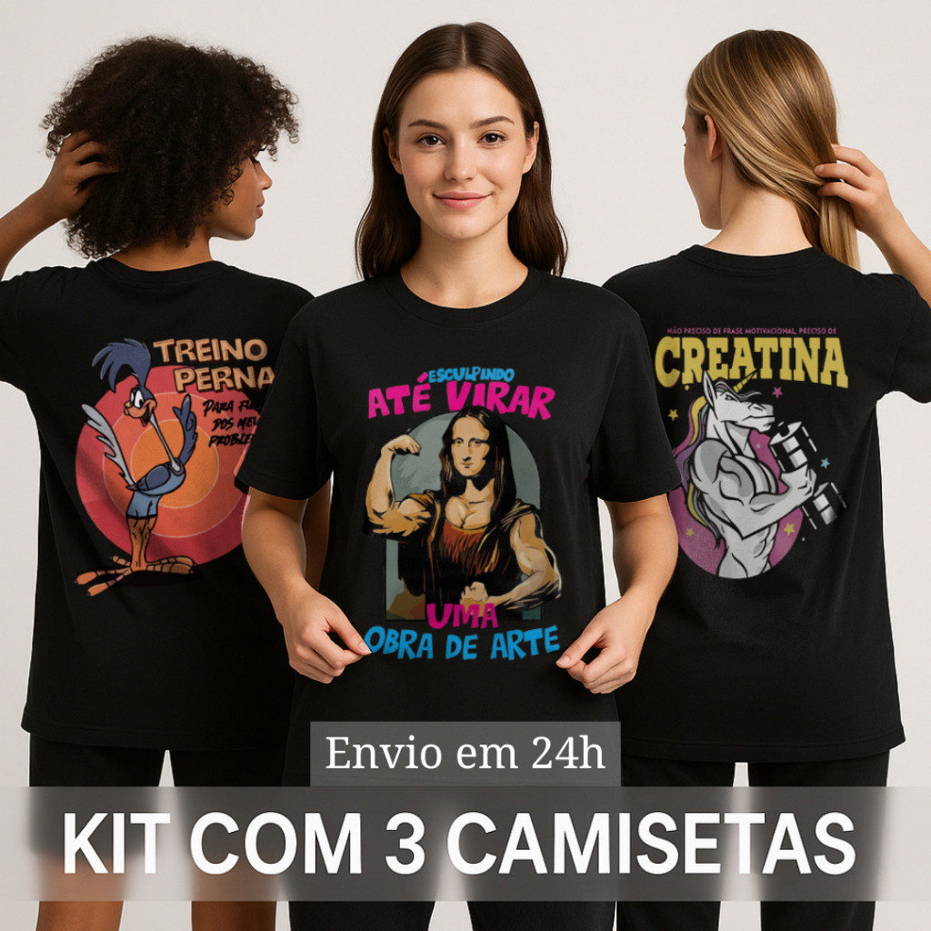 Kit 3 Camisetas Femininas Conjunto de Academia Oversized 100% Algodão Camiseta Larga
