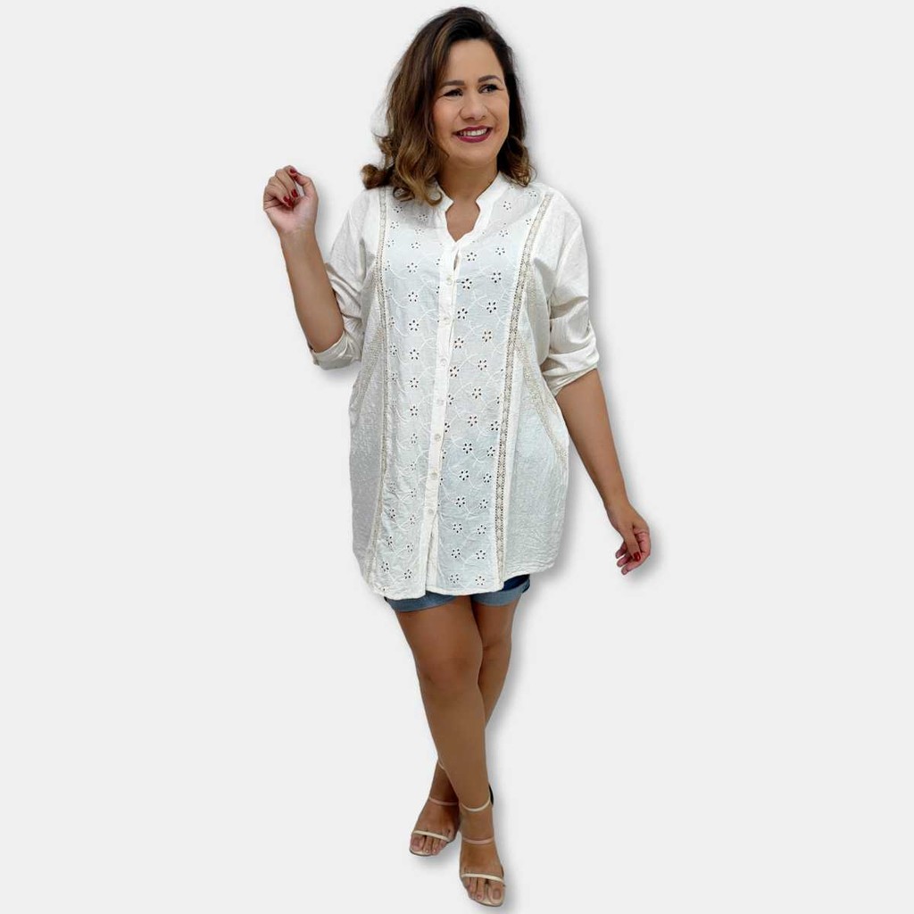 Bata Túnica Feminina Indiana Lisa crú Botão e Lesi Plus Size