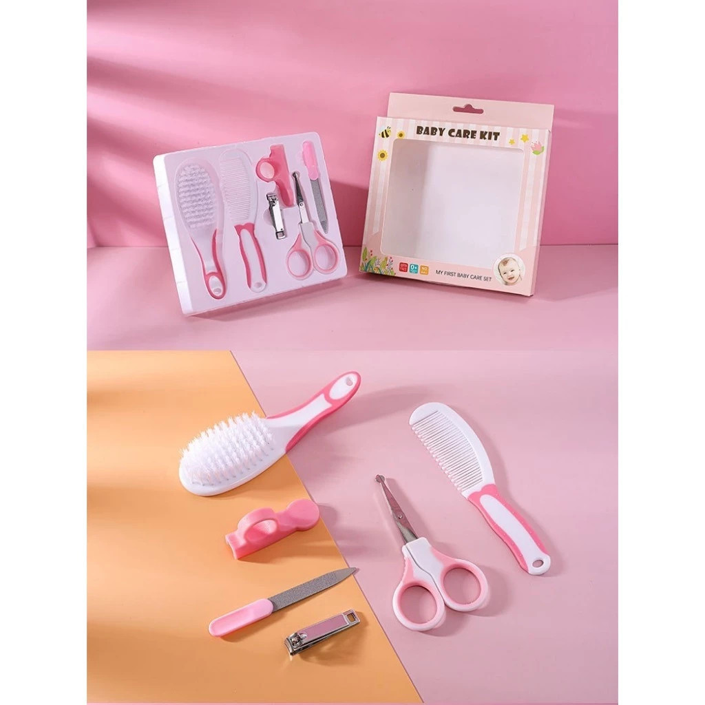 Kit 06 Peças Higiene Pente Cuidados Bebê Cortador Limpeza Escova Tesoura Toalha Alicate Lixa