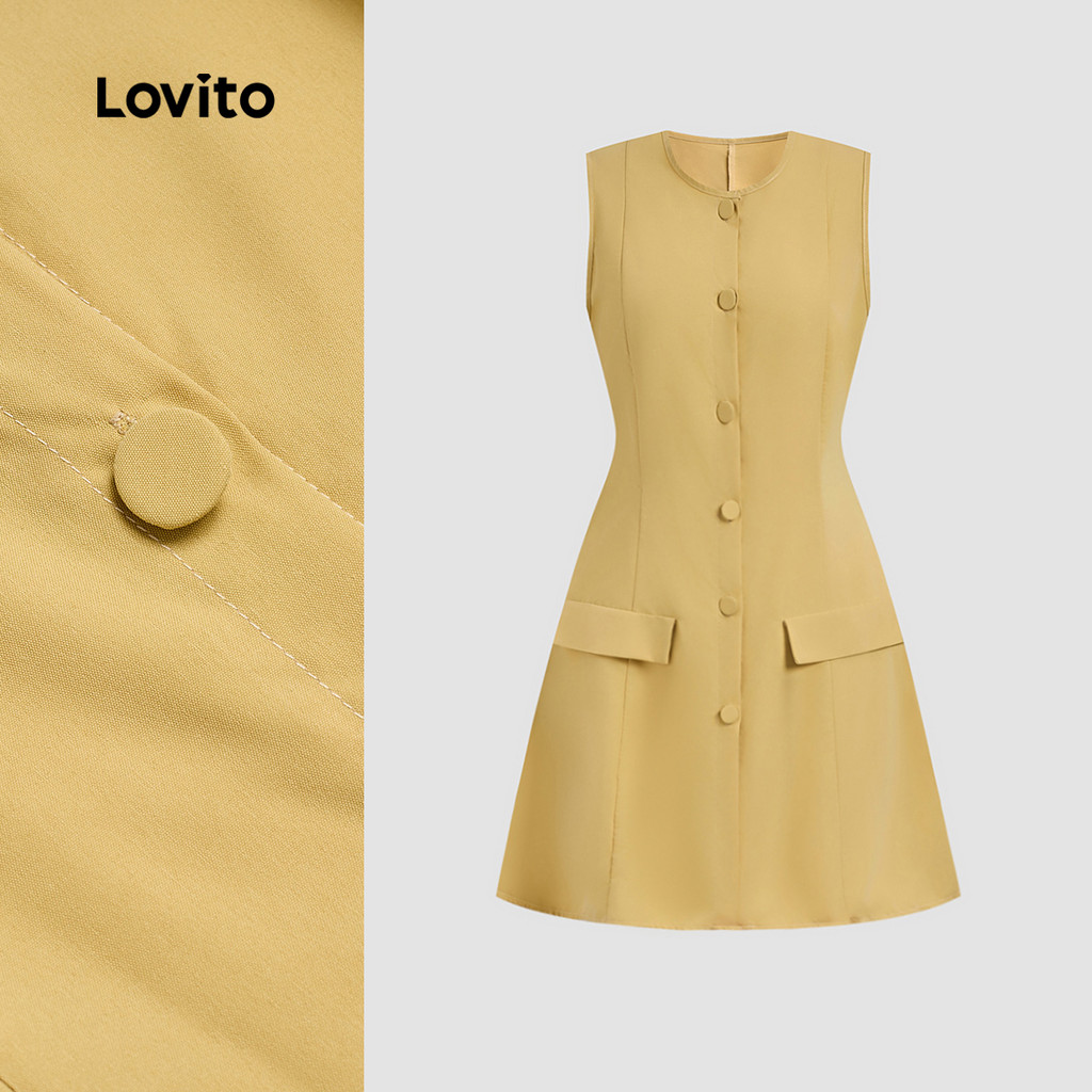 Lovito Casual Vestido simples sem mangas com peito único-DRB150P2D514