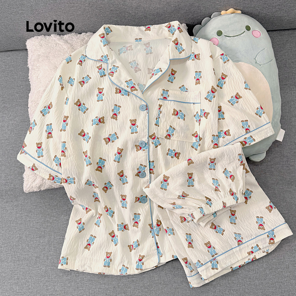 (NEW3) Lovito Conjuntos Casuais de Pijama Primavera/verão Conjuntos de Pijama Multicoloridos para mulher LNE1132X045 em Oferta na Shopee