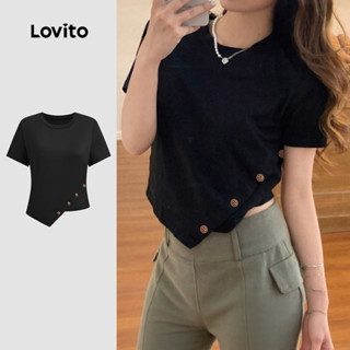 (NEW) Lovito Camisa Casual de Manga Curta Assimétrica com Botões Primavera/verão Camiseta Preta para Mulheres L149ED228 em Oferta na Shopee