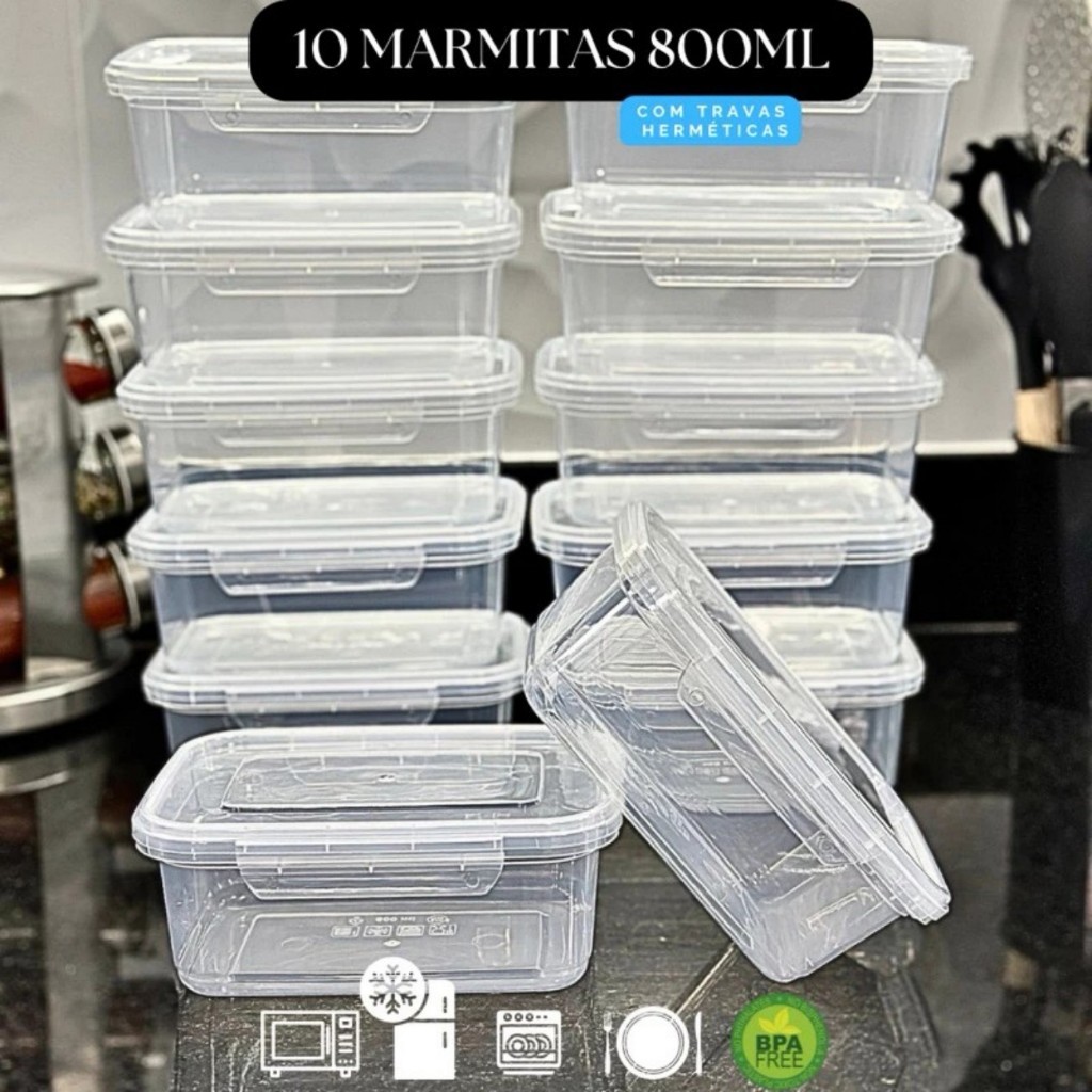 Kit 10 Marmita Potes 750ml com Travas Laterais BPA FREE - Alimentos organizadores de congelador
