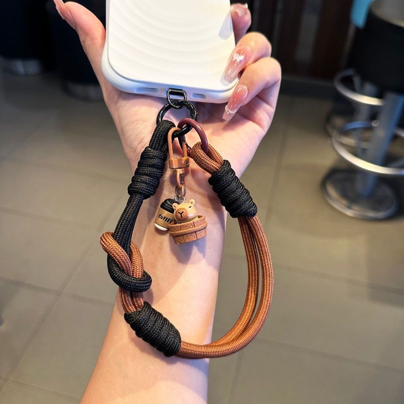 Correia curta marrom preta para celular desenho animado Kapibara cordão para celular alça de pulso removível para celula