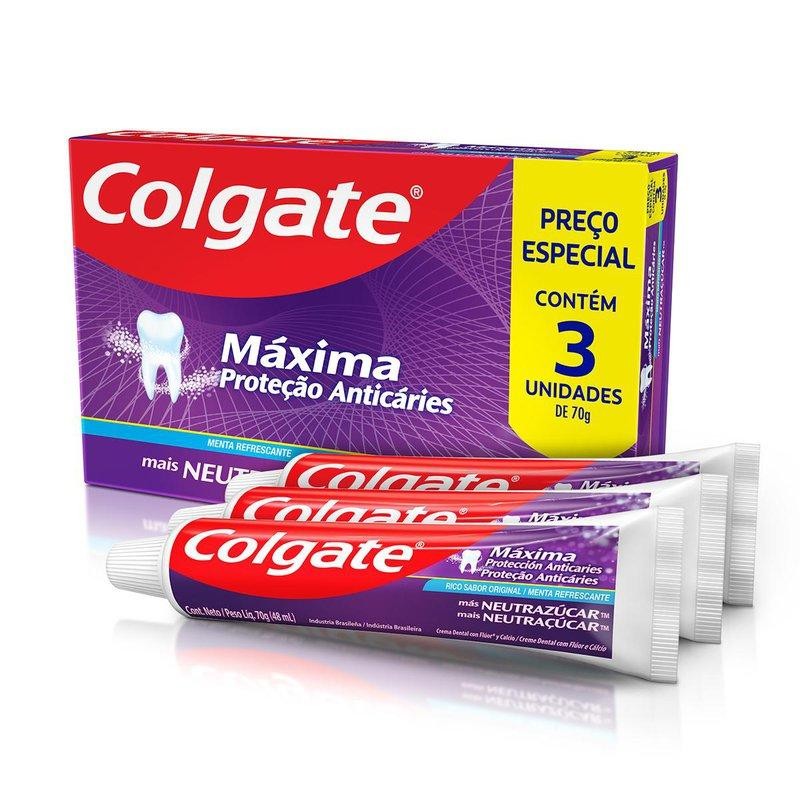 Creme Dental Colgate Máxima Proteção Anticáries mais Neutraçúcar 3 Unidades 70g Cada em Oferta na Shopee