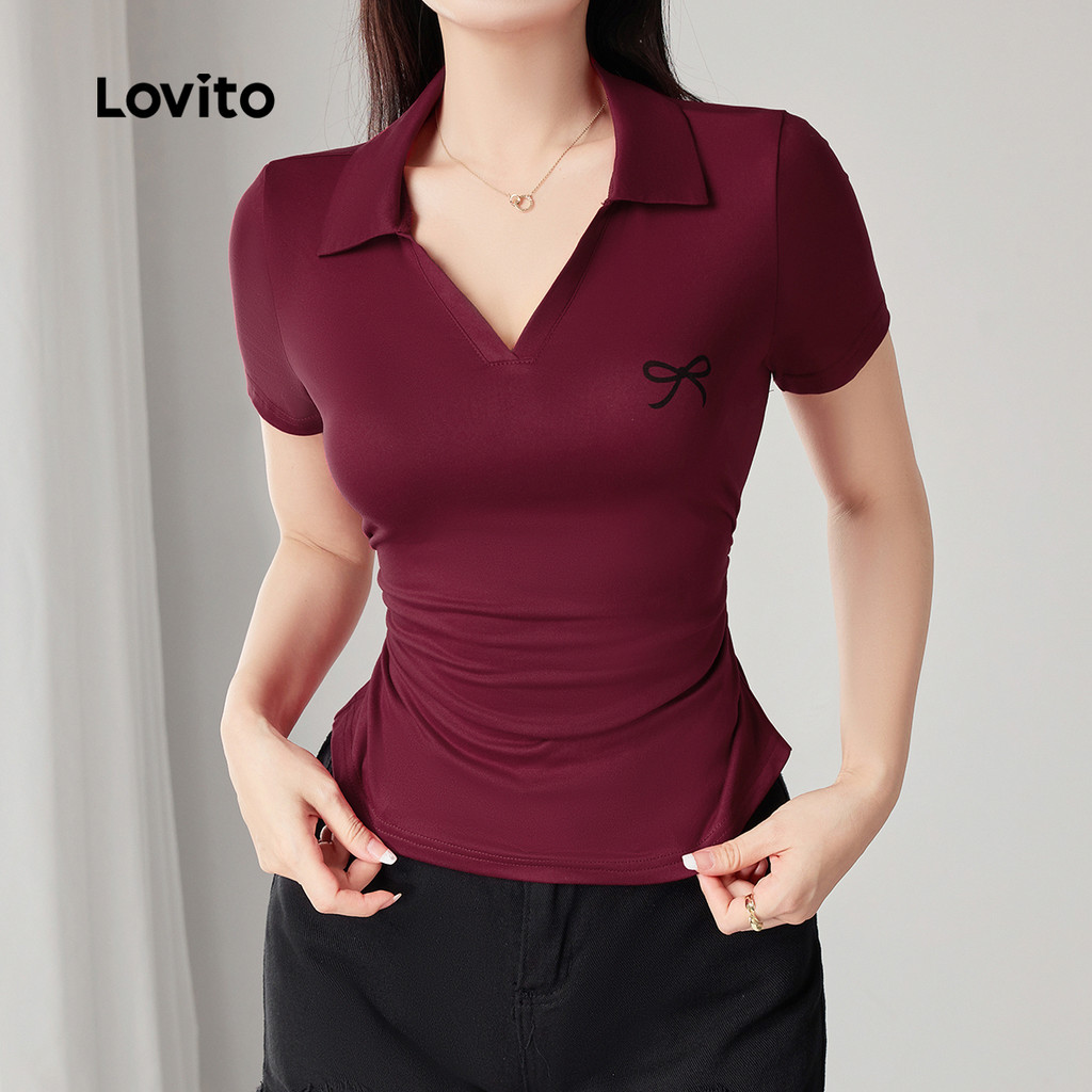 (NEW) Lovito Camisa Casual com Laço para Primavera/verão Camiseta Claret para mulheres L149ED322