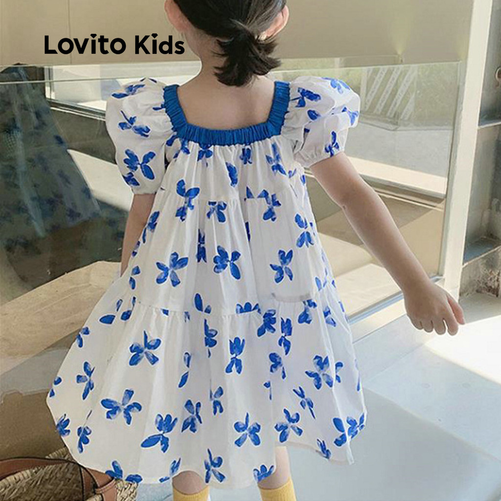 Detalhes do (New) Lovito Kids Vestido Fofo de Cor em Bloco para Criança Primavera/verão Azul e branco LNL115036