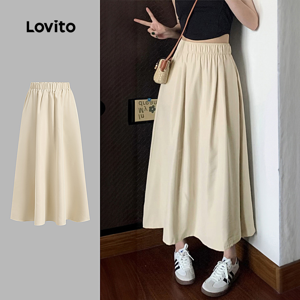 Lovito Saias Casuais Drapeadas Primavera/verão Saias Leves Caqui para mulheres L151AD287 em Oferta na Shopee