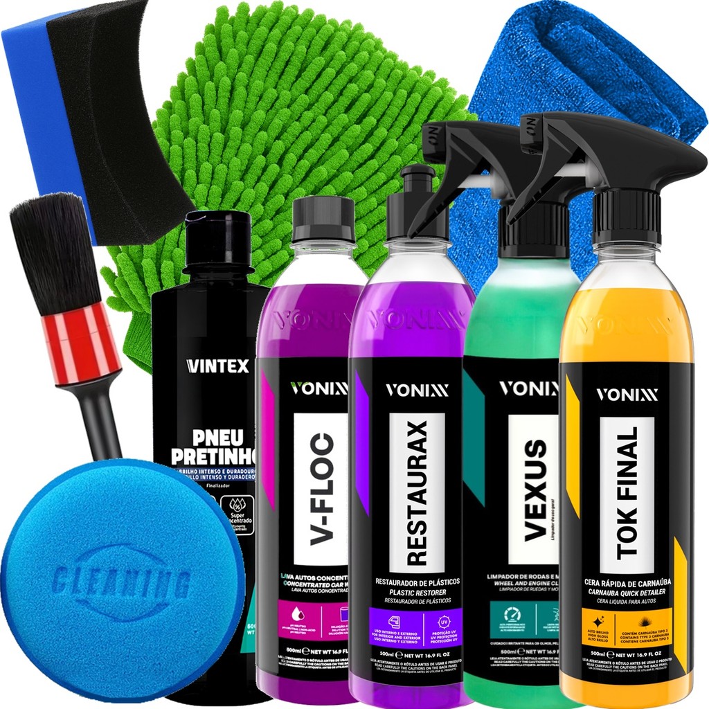 Kit Lavagem Shampoo v-Floc Cera Tok Final Restaurax Pneu Pretinho Vexus Vonixx
