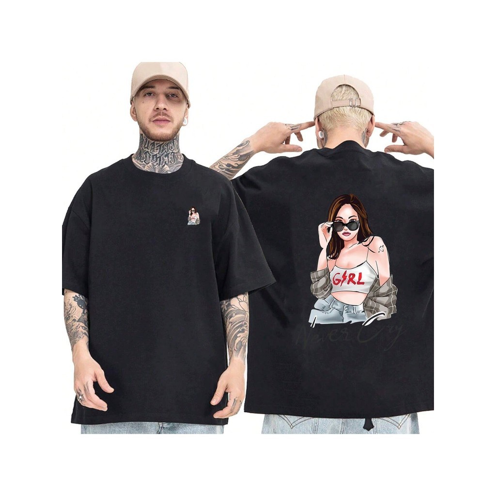 Camiseta OVERSIZED Preta StreetWear Gola em Ribanna Alta Plus Size Modelo: "GIRL" ! !