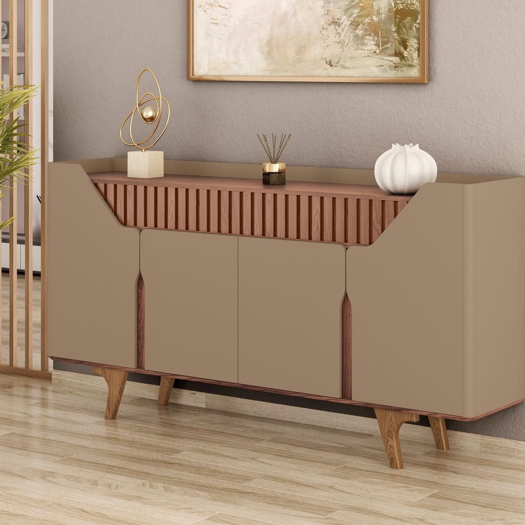 Aparador Buffet Portas em MDF Ripado Real Pés de Madeira Maciça Danúbio Marrom/Fendi/Freijó
