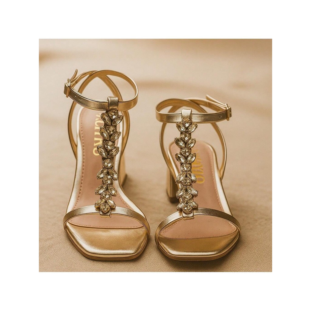 Sandália Salto Bloco Grosso Geométrico Pedraria V.Stylo Dourada Metalizada em Oferta na Shopee