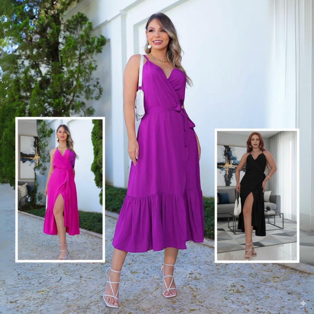 Vestido Feminino Midi Envelope Elegante com Amarração na Cintura – Conforto e Estilo em Oferta na Shopee