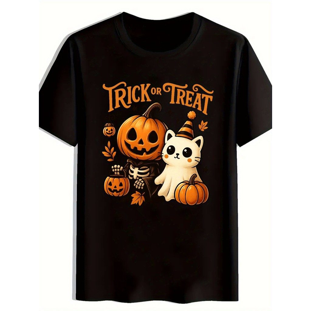 Camiseta Feminina Plus Size Para Halloween Com Estampa De Abóbora, Esqueleto, Gato Fantasma E "Trick Or Treat"
