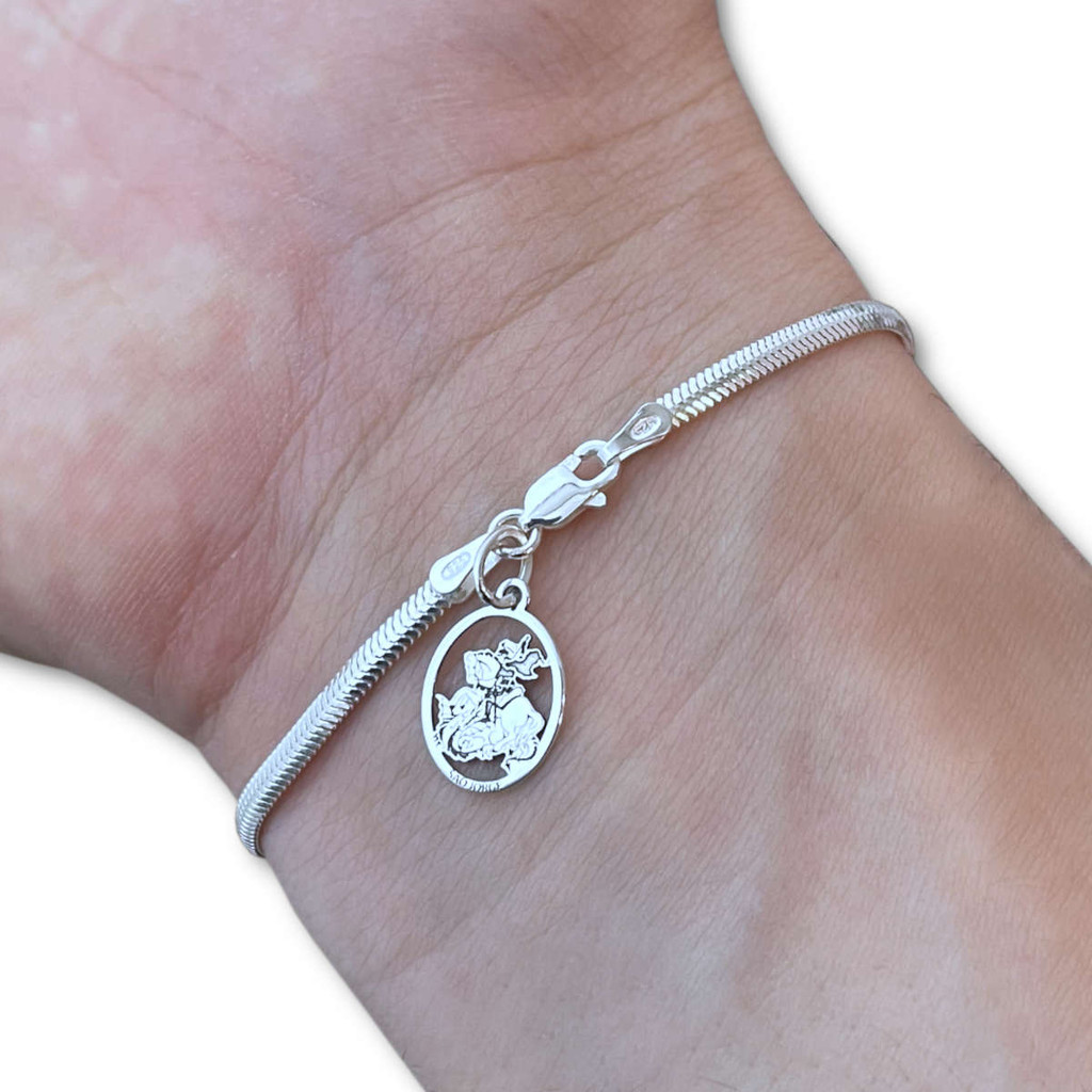 Pulseira Feminina Lacraia 2,5mm com Pingente Medalha São Jorge Prata 925 Legítima Maciça Italiana