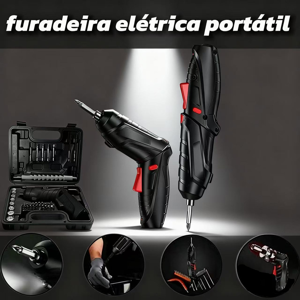 Kit Ferramentas Sem Fio 48pcs Reparos Domésticos: Furadeira + Chave Elétrica Potentes, Carregamento Rápido USB + Estojo em Oferta na Shopee