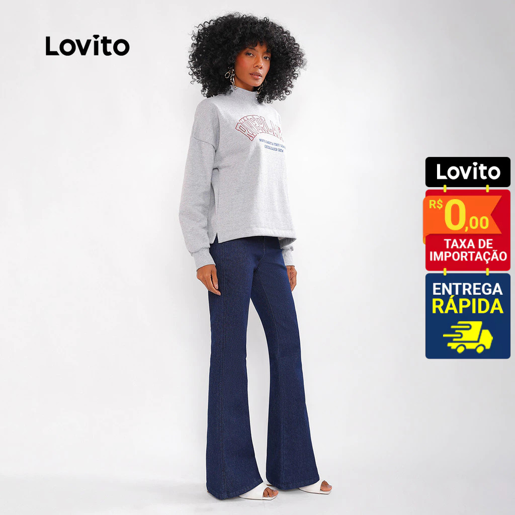 Detalhes do Lovito Moletom Casual Liso com Apliques Feminino LB371BRL400