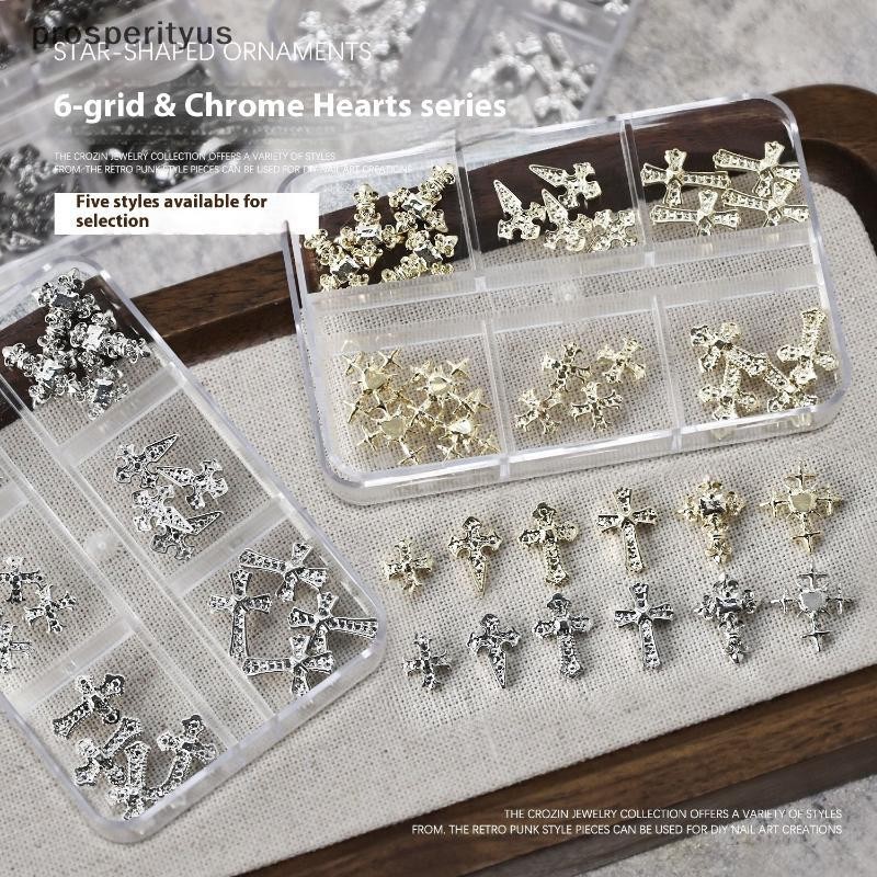 [prosperityus] 6 Grades Punk Retro Liga Prego Ouro/Prata/Preto Cruz Encantos Da Arte Do Tamanho Misto Peças De Unhas Dec