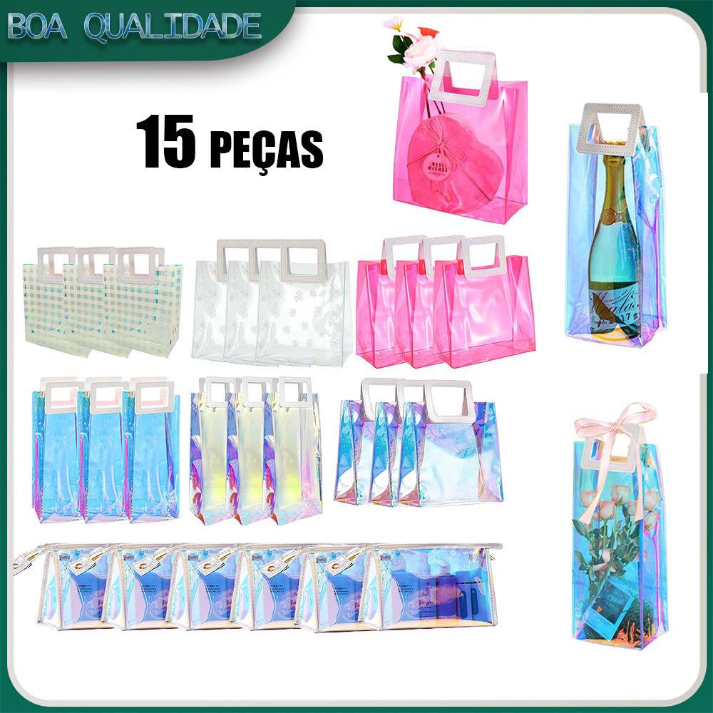 Sacos De Presente De PVC Dos Pces Com Alças Sacolas Plásticas Reutilizáveis Rosa/Azul/Floral Transparente -15 UN