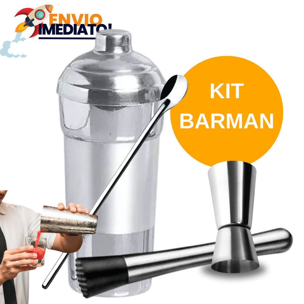Kit Caipirinha 4 Peças Coqueteleira Kit Bar Socador Dosador Duplo e colher