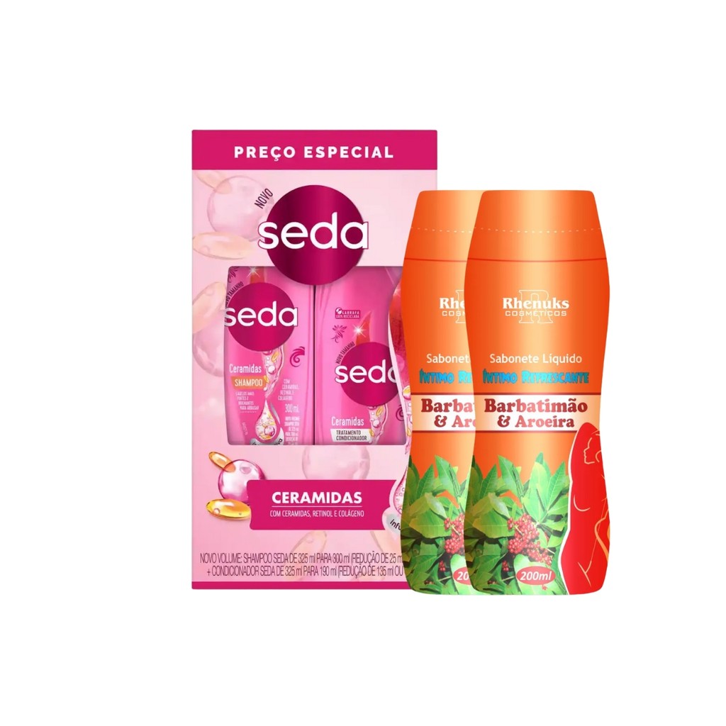 Kit Banho de Hotel em Casa: Shampoo/Condicionador Seda Ceramidas + 2 Sabonetes Íntimos Barbatimão