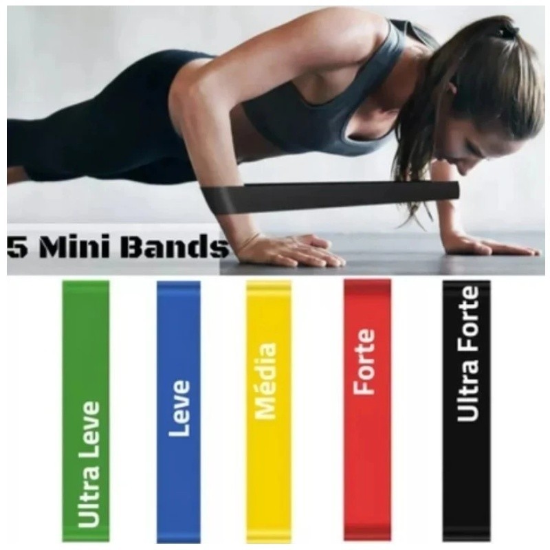 Imagem Kit Mini Band 5 Faixas Elásticas de Tensão Muscular  para Treino