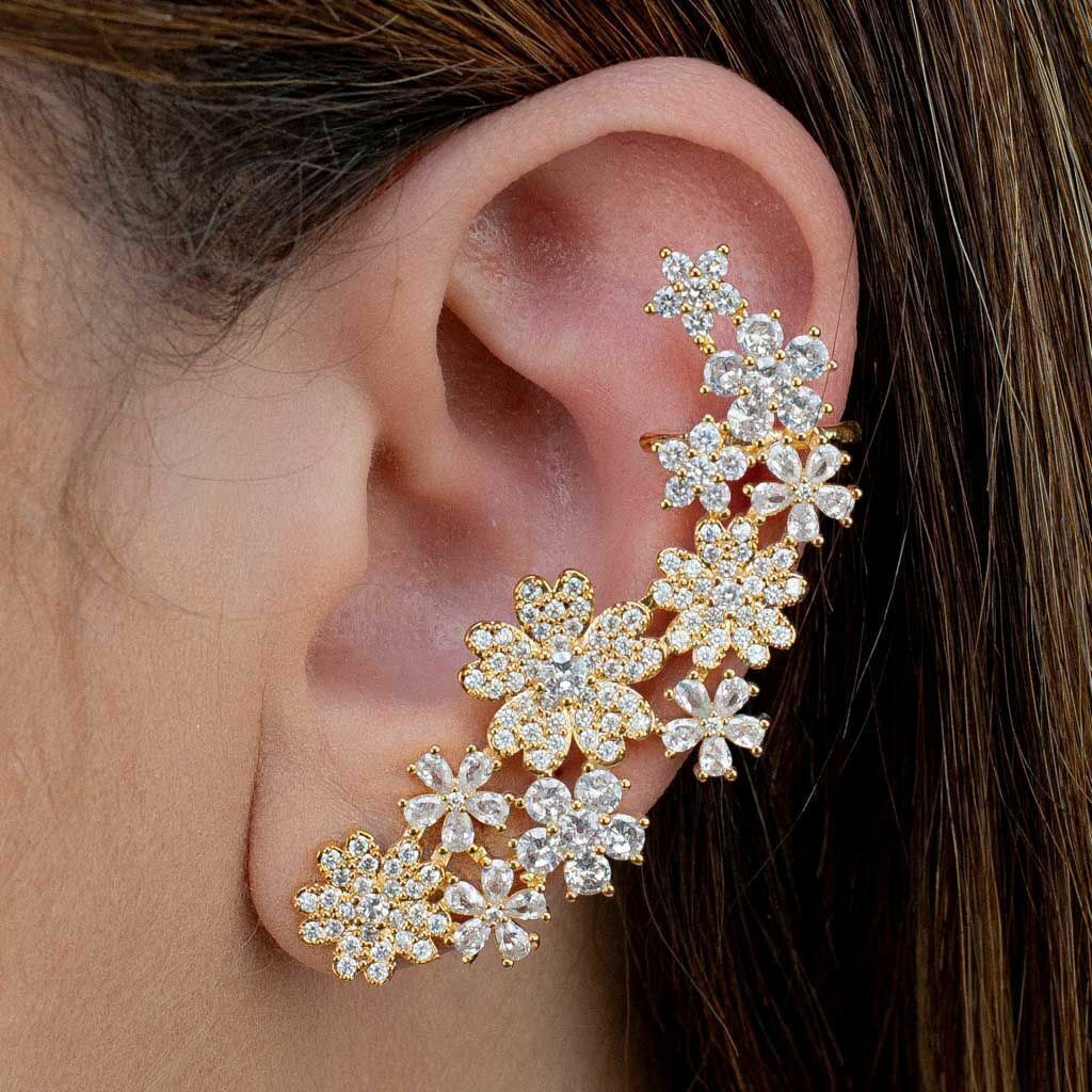 Brinco Ear Cuff Flores lado único Cristal Banhado em Ouro 18k