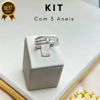 Kit com Tres  Anéis Anel Solitário e Anel Aparador de Aliança Cravejado Prata Legitima 925 Anel Feminino