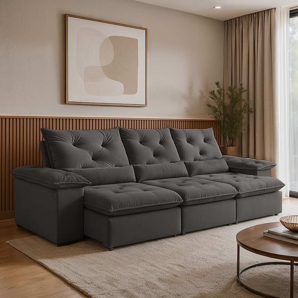 Sofá Retrátil e Reclinável 4 Lugares Suede Cinza Londres Classico Cinza em Oferta na Shopee