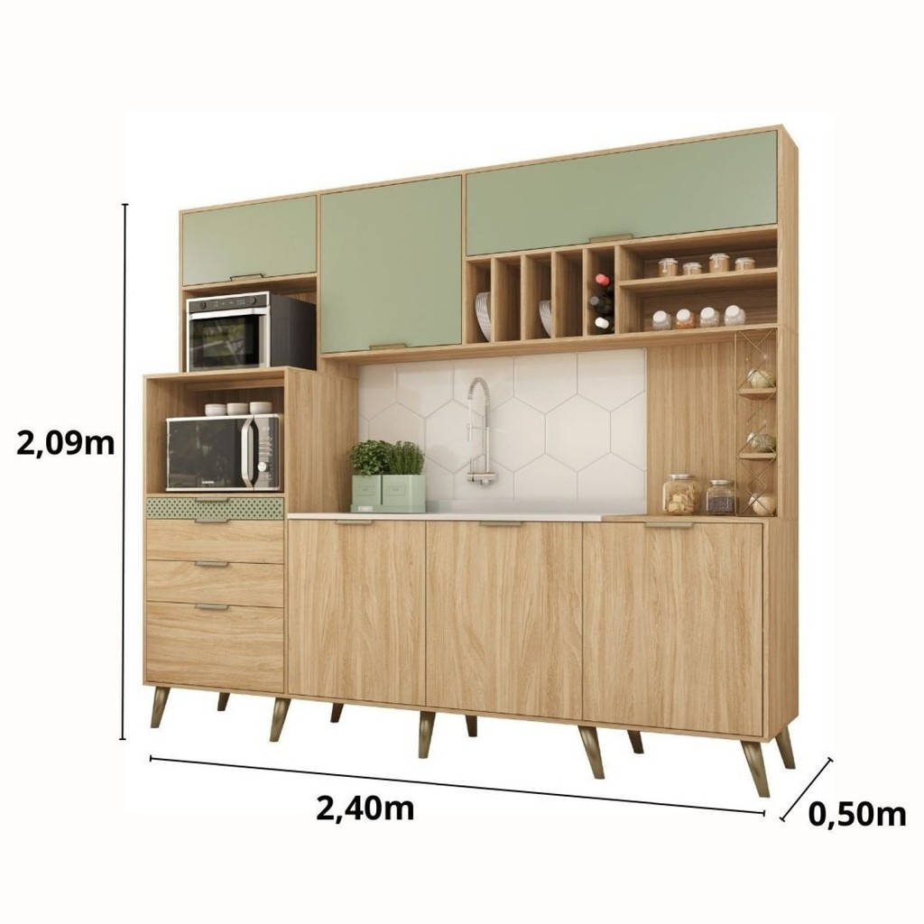 Detalhes do Cozinha Compacta 6 Portas 4 Gavetas 2 Nichos para Forno Gênova  Amêndoa/Menta