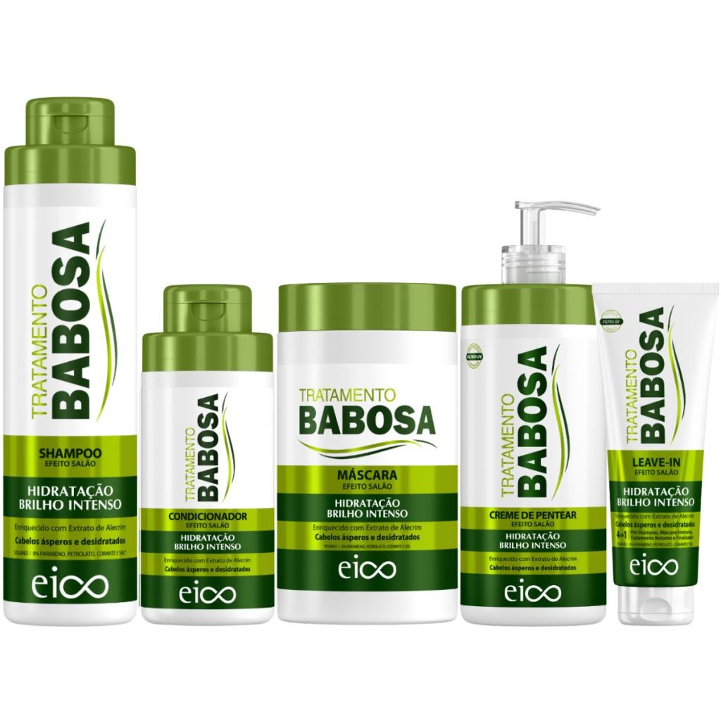 Kit Eico Babosa Shampoo 800ml Condicionador 450ml Máscara 1Kg Creme Pentear 600ml Leave-In 200ml