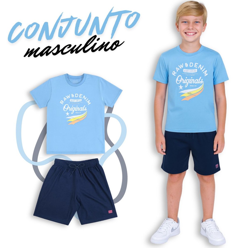 Conjunto Infantil Menino 100% Algodão – Camiseta Estampada + Bermuda com Cadarço Decorativo