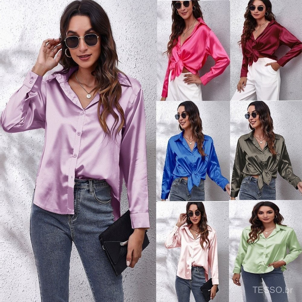 Blusa Feminina De Manga Comprida Lisa Cetim Tops Lapela Botão Camisa Elegante Camisas Base