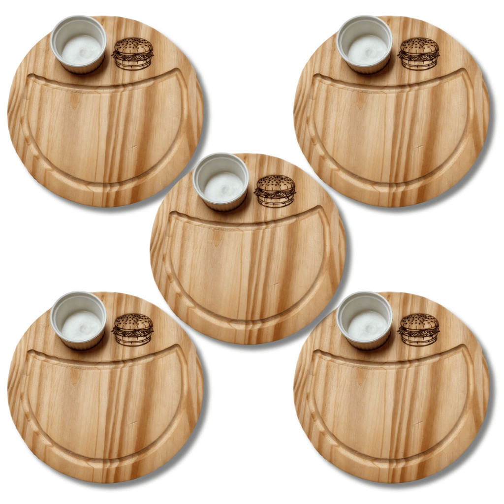 Kit Tabua Petisqueira Gamela Madeira Servir Lanche Porção Petisco Hamburguer 5 ou 10 pç 22 cm