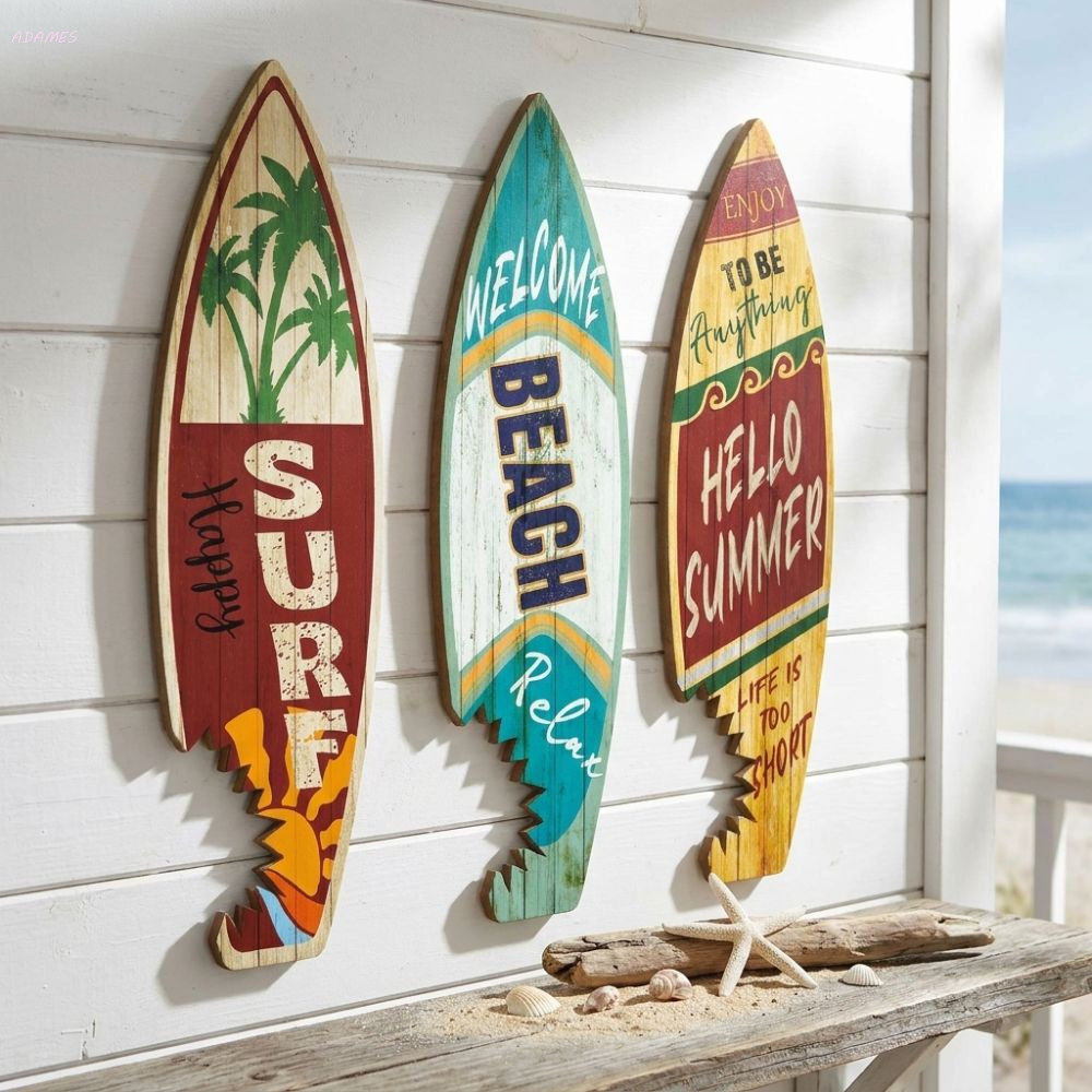 ADAMES 3 Peças De Decoração De Prancha De Surf De Praia , Estampa Vintage Estilo Havaiano , Suspensão De Parede , Feita