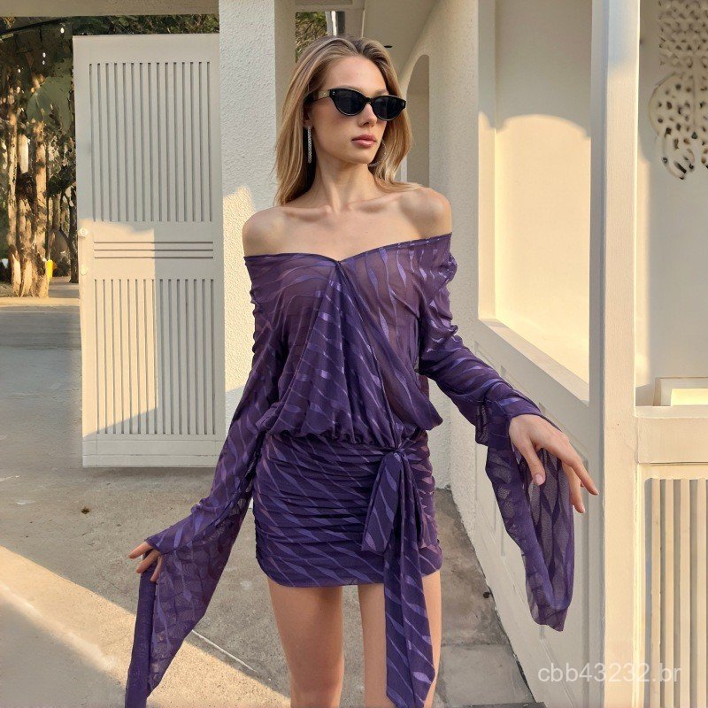 Halter novo estilo europeu americano Hip Wrap Net v estilo transparente textura vestido estilo gaze amarrado gola Sexy c