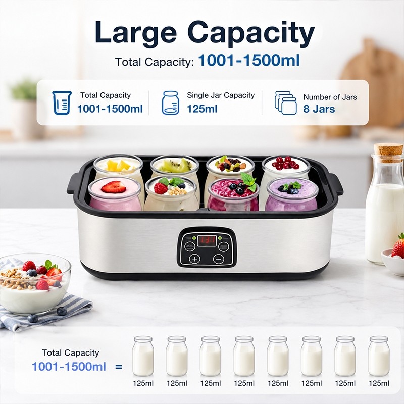 Máquina de Iogurte Elétrica Bivolt 1,5L com 8 Copos para Iogurte Natural Caseiro Prata