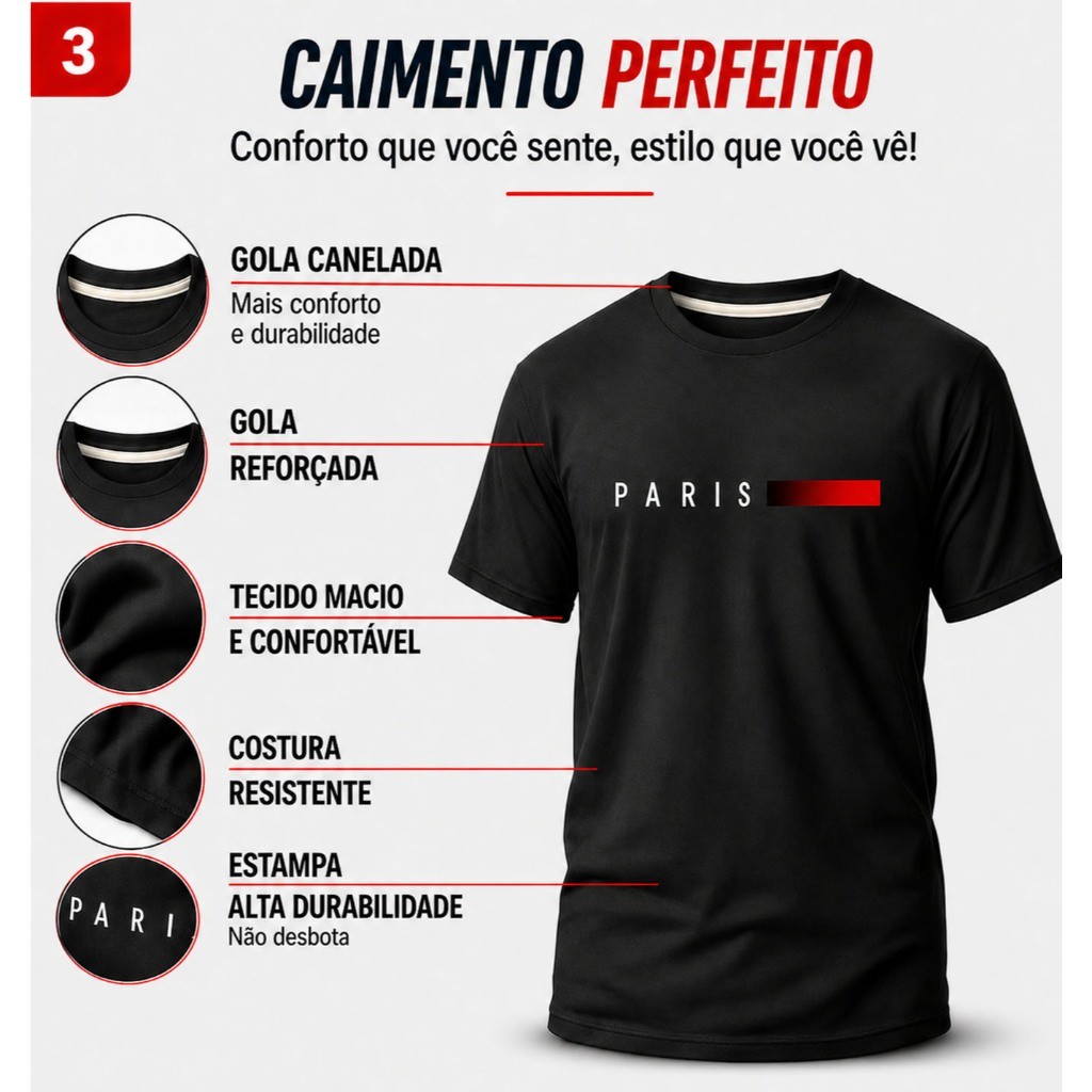 Detalhes do Kit 2 Camisetas Premium Masculinas Paris 100%Algodão.