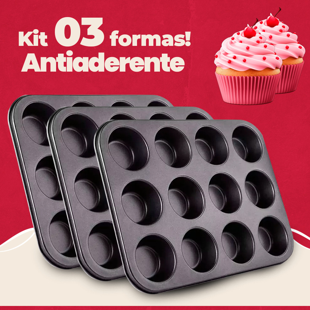 3/2/1 Forma Antiaderente Teflon 12 Cavidades Ideal para Cupcake Muffins Pão de Queijo Empadas