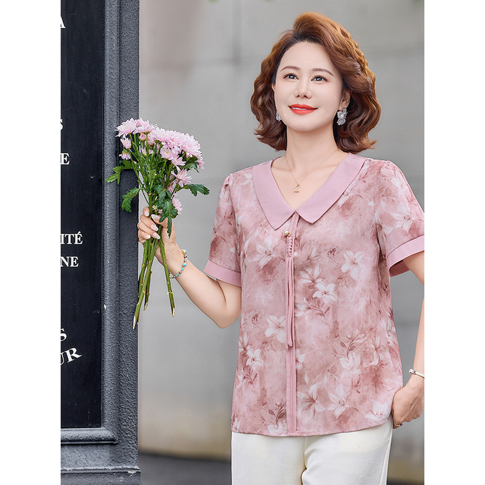 Novo estilo chinês camisa pequena gola de boneca roupas femininas idosas de meia-idade roupas da mãe camisa curta roupas