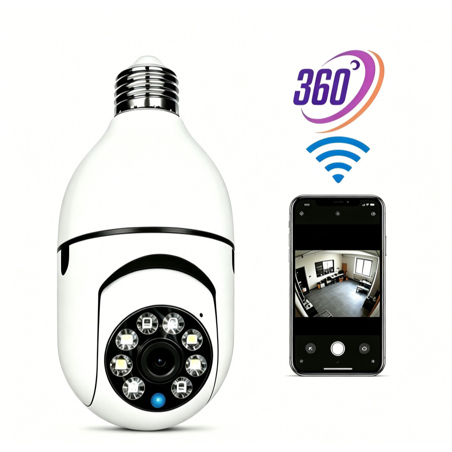 Câmera Lâmpada Wi-Fi 360° Inteligente, Kit Residencial Sem Fio, Vigilância Panorâmica Fácil