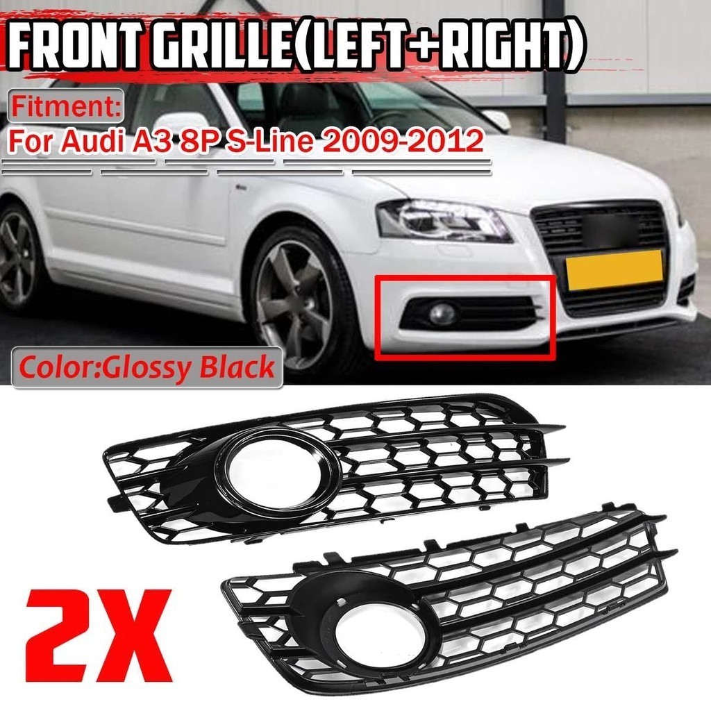 Para Audi A3 8P S-Line 2009-2012 Amortecedor Dianteiro Luz De Nevoeiro Grade 1 Par Favo De Mel Malha Lâmpada Corrida Gri