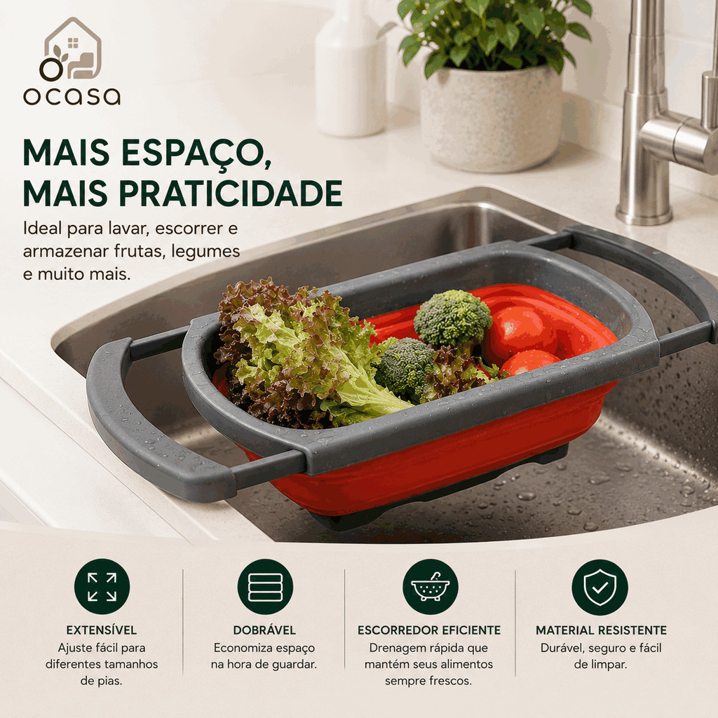 Escorredor de Pia para Alimentos de Silicone com Alças Retrátil