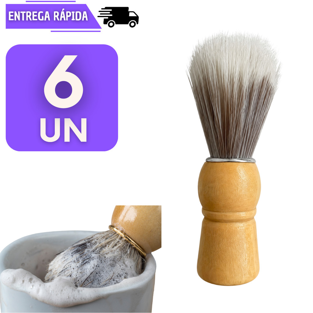 Jogo 6 Pincel Para Barbear Clássico Cabo de Madeira Cerdas Suaves Masculino Barba Barbeador Barbearia