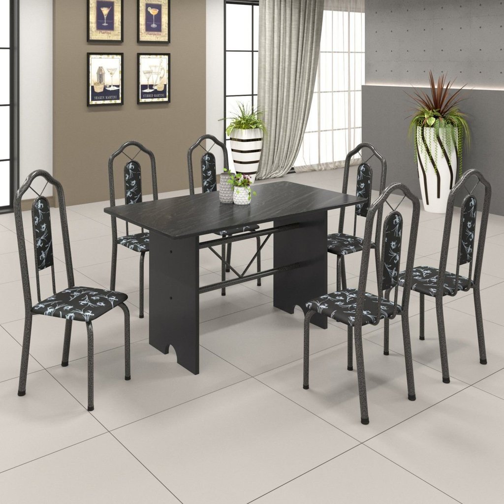 Conjunto de Mesa 140x75cm Tampo Ardósia com 6 Cadeiras Bianca Soma Móveis Prata/Martelado/Ardosia Indiano/Preto Floral