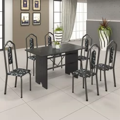 Conjunto de Mesa 140x75cm Tampo Ardósia com 6 Cadeiras Bianca Soma Móveis Prata/Martelado/Ardosia Indiano/Preto Floral