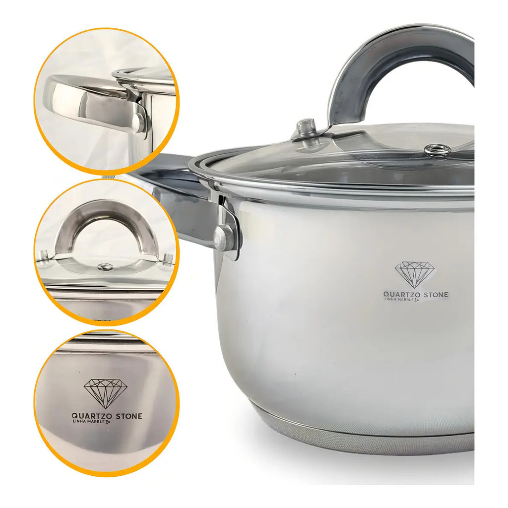 Jogo de Panelas Inox 19 Peças Genebra Tampa Vidro Temperado Caçarola Cozi-Vapor Conjunto Cozinha Completo Lava-Louças