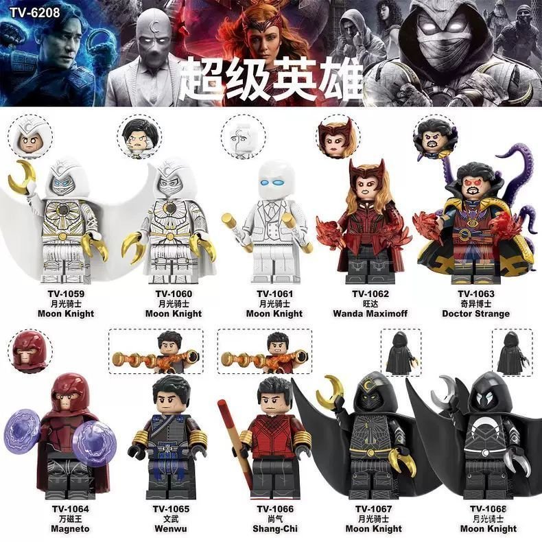 Novos blocos de montar compatíveis com minifiguras Marvel Moon Knight Doctor Strange Wanda Magneto TV6208 brinquedo de m