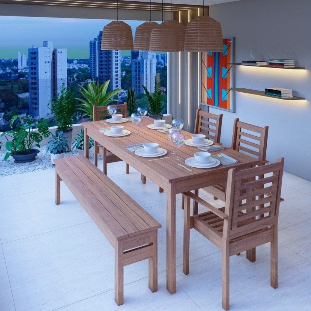 Conjunto Mesa, Banco e 4 Cadeiras Madeira Maciça Marrom